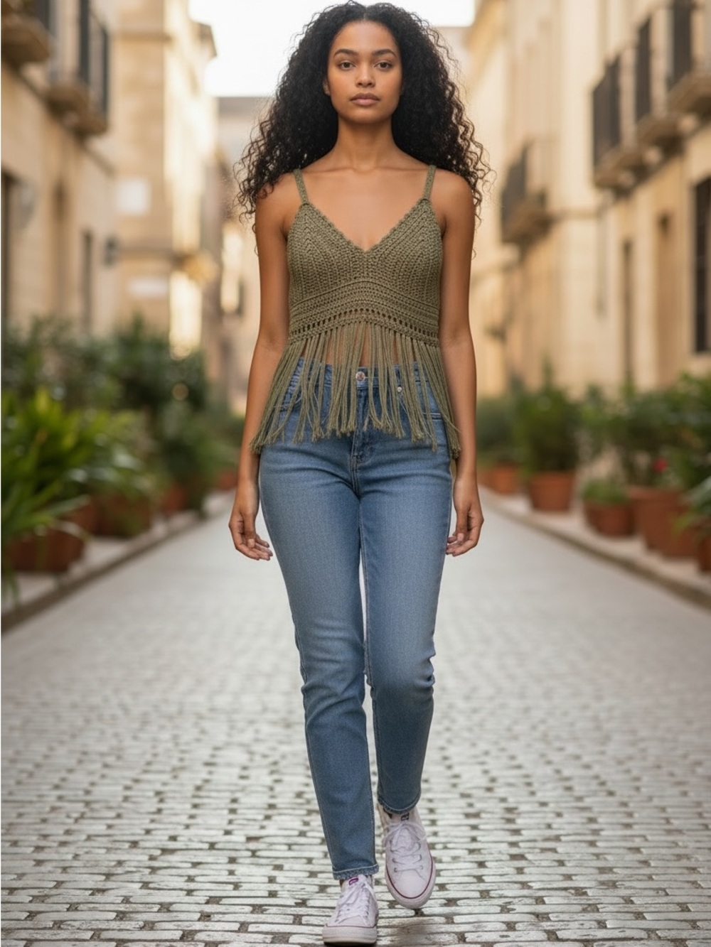 POL Olive Green Crochet Fringe Tank Top